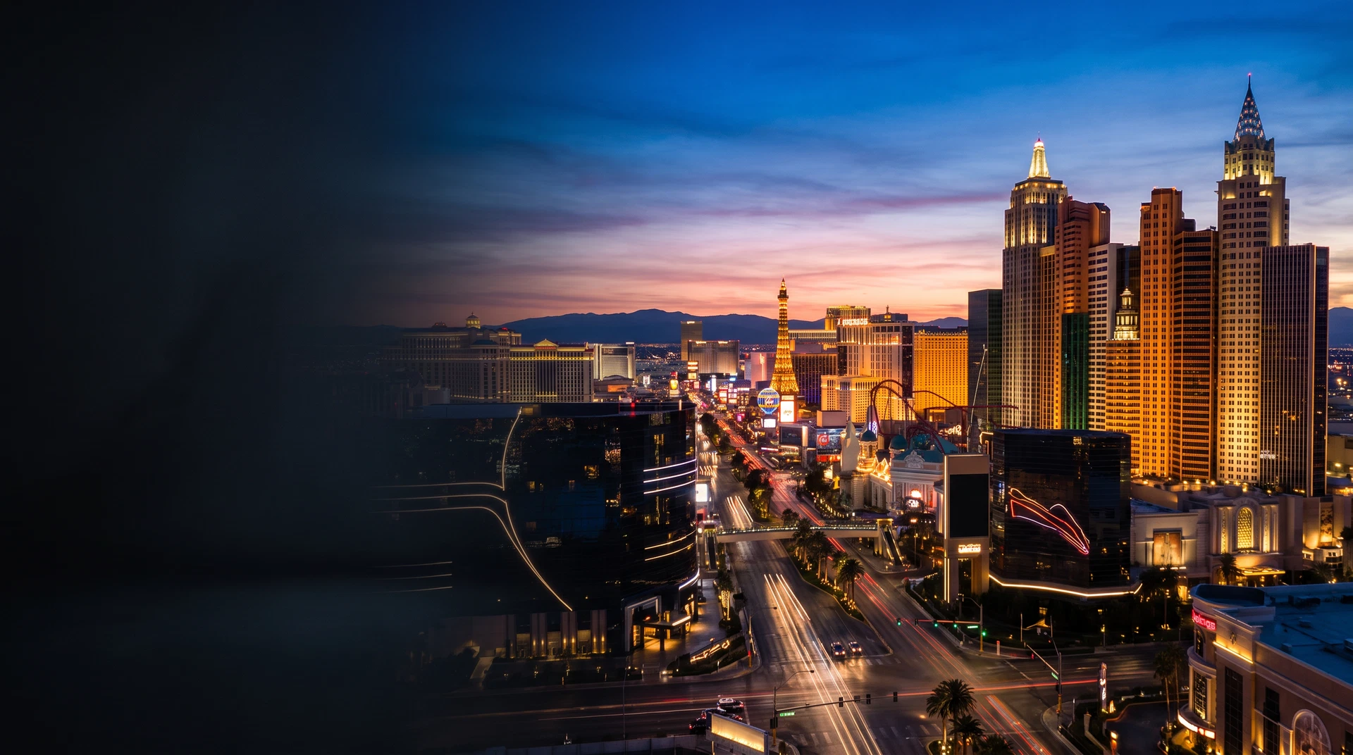 Panoramic Las Vegas Strip skyline glowing at twilight